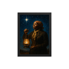 Harriet Tubman under North Star with lantern framed print on a plain backdrop in size 12"x16".
