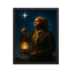 Harriet Tubman under North Star with lantern framed print on a plain backdrop in size 16"x20".