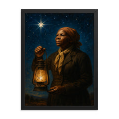Harriet Tubman under North Star with lantern framed print on a plain backdrop in size 18"x24".