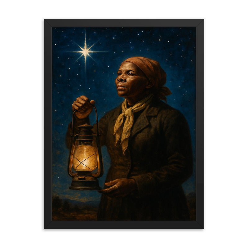 Harriet Tubman under North Star with lantern framed print on a plain backdrop in size 18