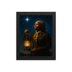 Harriet Tubman under North Star with lantern framed print on a plain backdrop in size 8"x10".