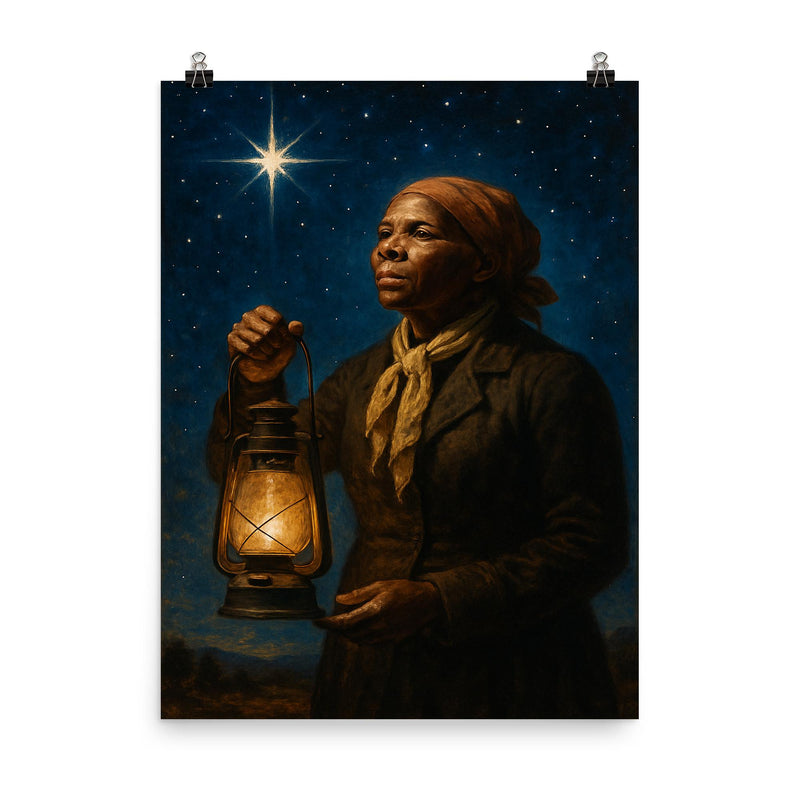 Harriet Tubman under North Star with lantern poster on a plain backdrop in size 8