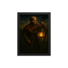 Harriet Tubman with lantern through marsh reeds framed print on a plain backdrop in size 12"x16".
