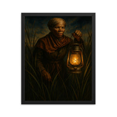 Harriet Tubman with lantern through marsh reeds framed print on a plain backdrop in size 16"x20".