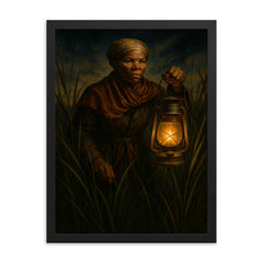 Harriet Tubman with lantern through marsh reeds framed print on a plain backdrop in size 18"x24".