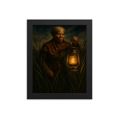 Harriet Tubman with lantern through marsh reeds framed print on a plain backdrop in size 8"x10".