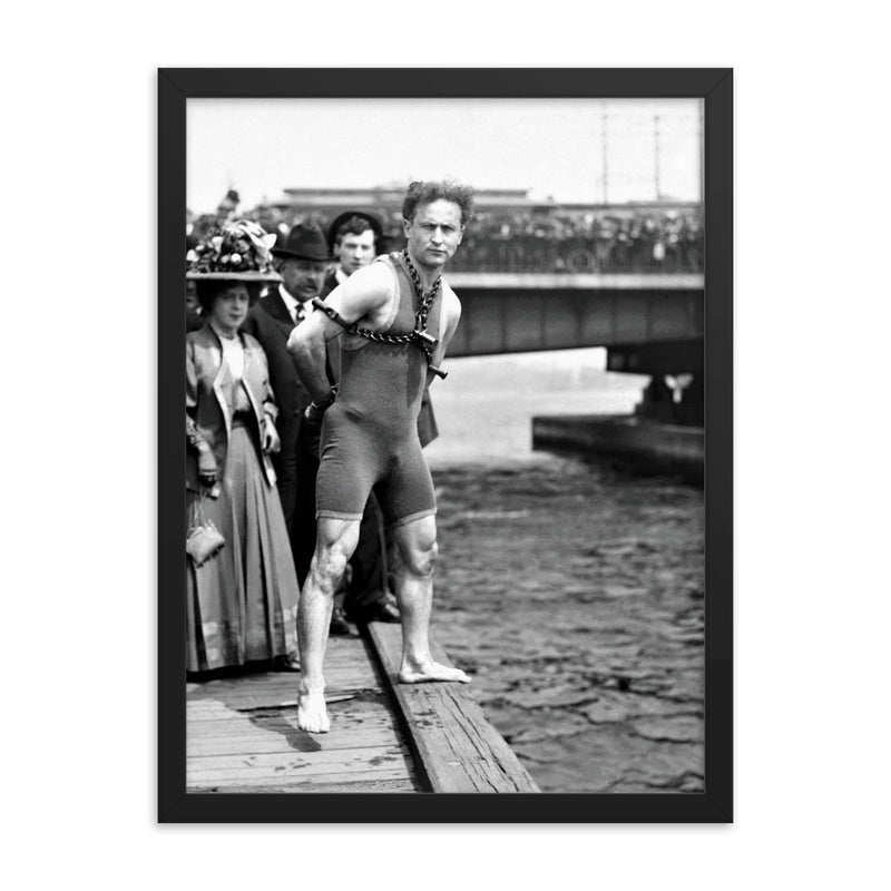 Harry Houdini framed print on a plain backdrop in size 18