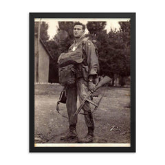 Harry Hudec of the 82nd Airborne Ready for Combat Jump, 1944 framed print on a plain backdrop in size 18"x24".