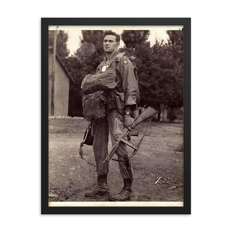 Harry Hudec of the 82nd Airborne Ready for Combat Jump, 1944 framed print on a plain backdrop in size 18