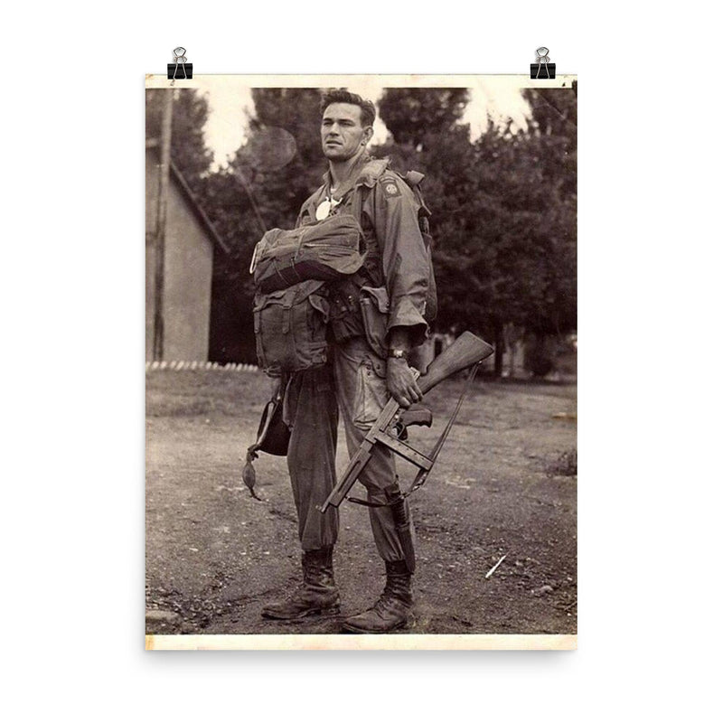 Harry Hudec of the 82nd Airborne Ready for Combat Jump, 1944 poster on a plain backdrop in size 8