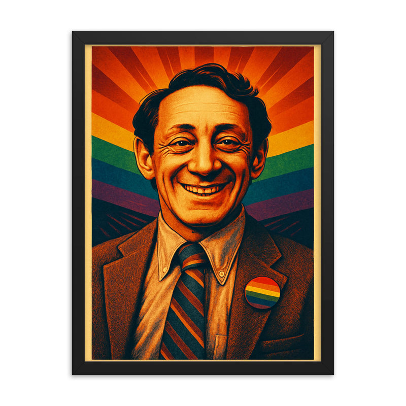 Harvey Milk framed print on a plain backdrop in size 18