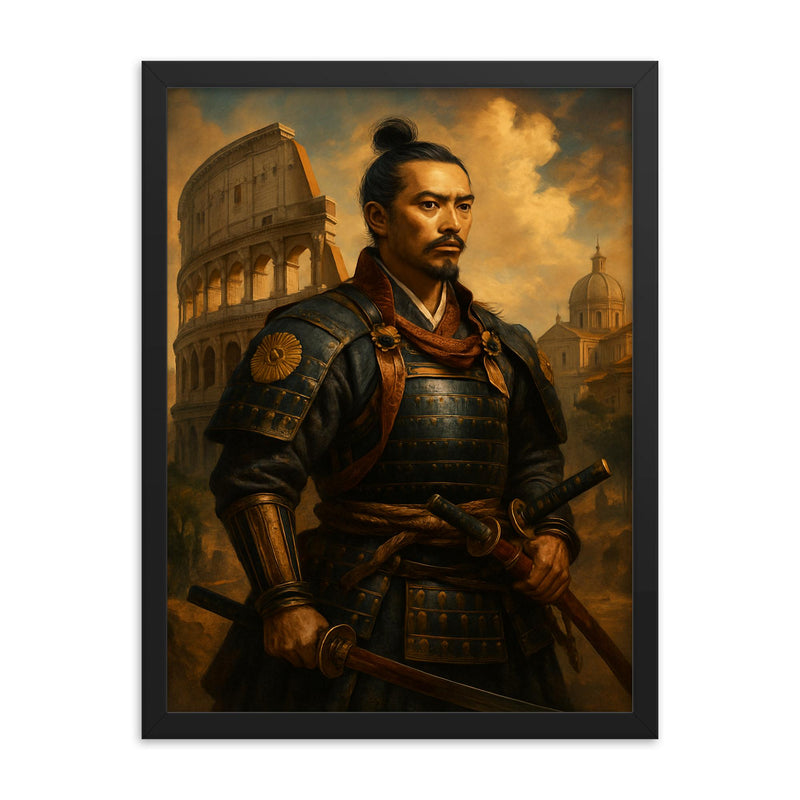 Hasekura Tsunenaga samurai in Rome framed print on a plain backdrop in size 18