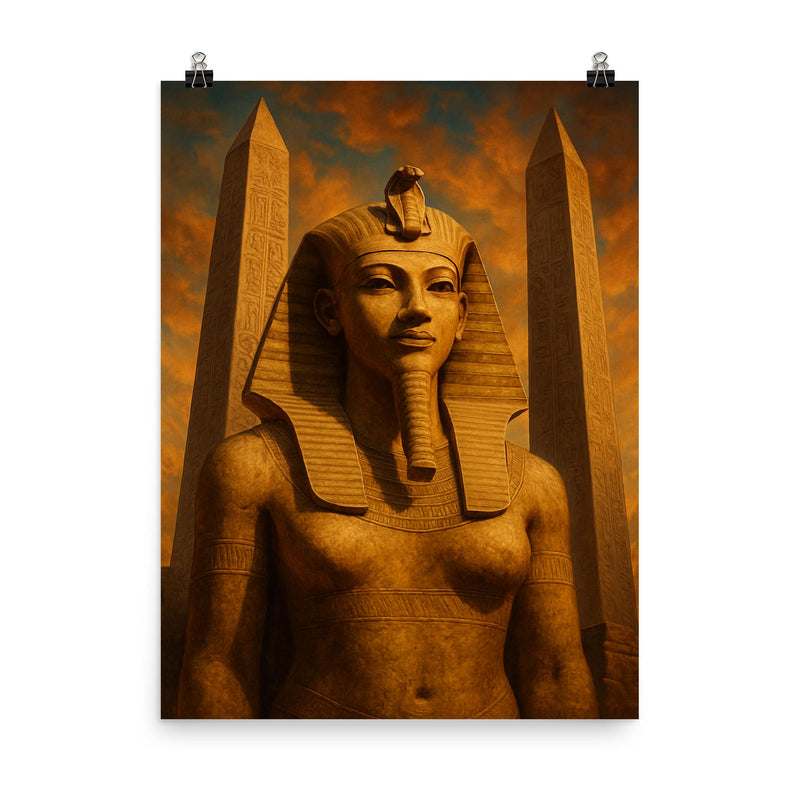 Hatshepsut in false beard before obelisks poster on a plain backdrop in size 8