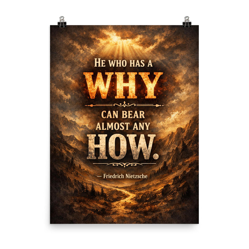 He who has a why can bear almost any how Friedrich Nietzsche poster on a plain backdrop in size 8