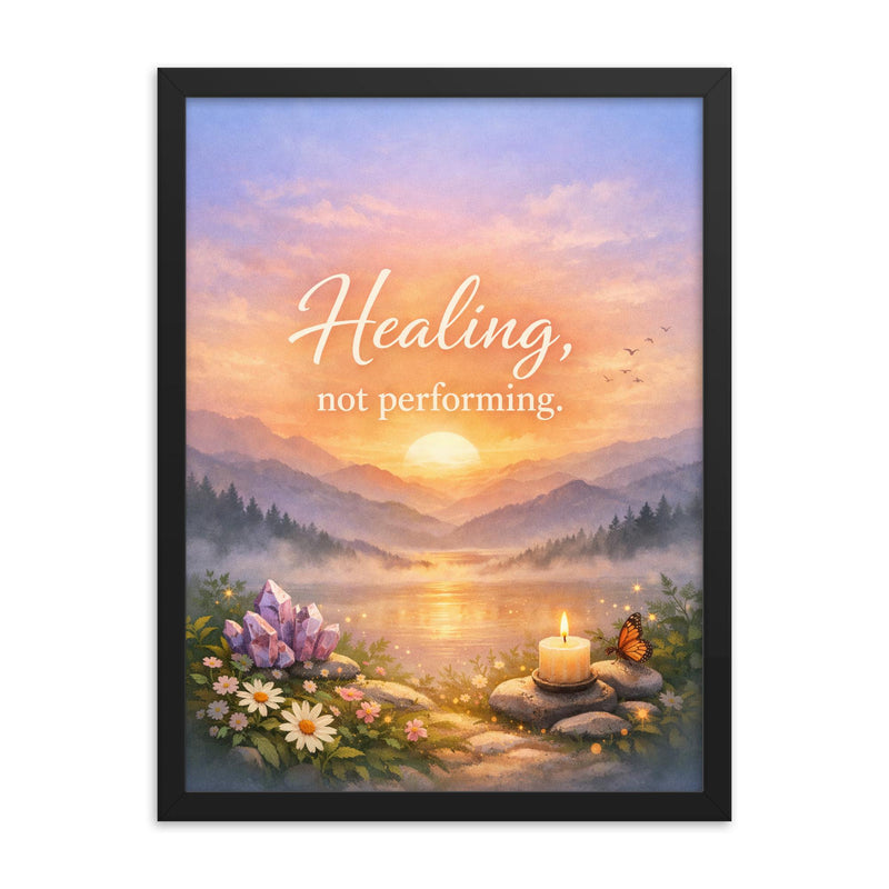 Healing not performing framed print on a plain backdrop in size 18