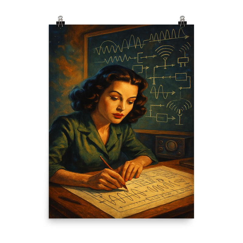 Hedy Lamarr drafting frequency hopping schematics poster on a plain backdrop in size 8