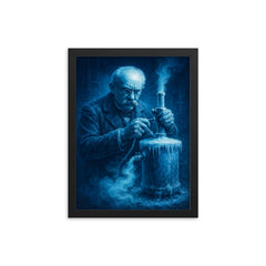 Heike Kamerlingh Onnes liquefying helium in blue frost framed print on a plain backdrop in size 12"x16".