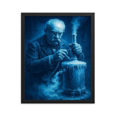 Heike Kamerlingh Onnes liquefying helium in blue frost framed print on a plain backdrop in size 16"x20".