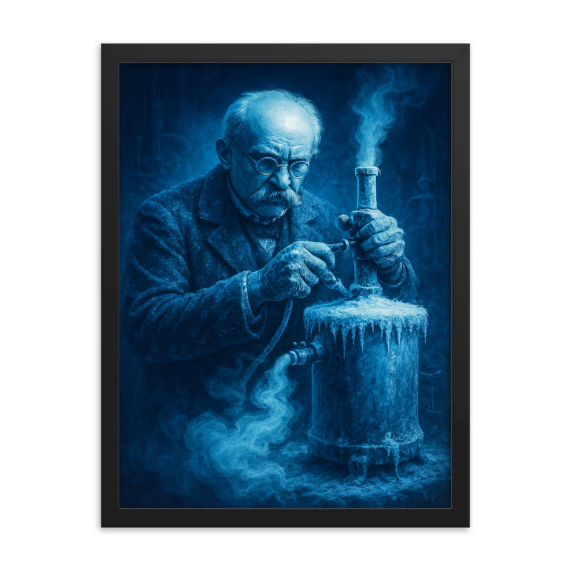 Heike Kamerlingh Onnes liquefying helium in blue frost framed print on a plain backdrop in size 18