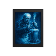 Heike Kamerlingh Onnes liquefying helium in blue frost framed print on a plain backdrop in size 8"x10".