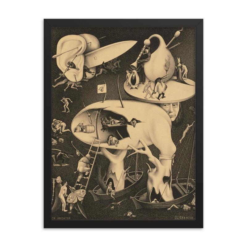 Hell by M C Escher, 1935 framed print on a plain backdrop in size 18