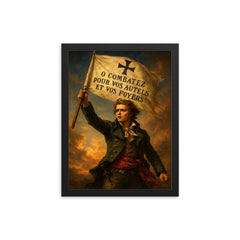 Henri de La Rochejaquelein Vendee banner raised framed print on a plain backdrop in size 12"x16".