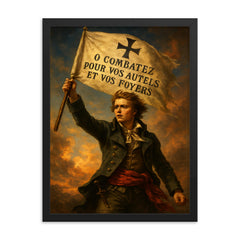 Henri de La Rochejaquelein Vendee banner raised framed print on a plain backdrop in size 18"x24".