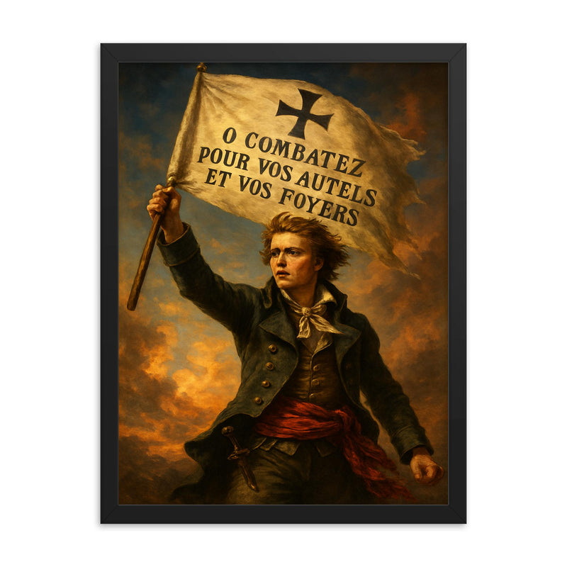 Henri de La Rochejaquelein Vendee banner raised framed print on a plain backdrop in size 18