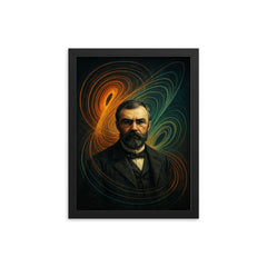 Henri Poincare amid swirling phase space lines framed print on a plain backdrop in size 12"x16".