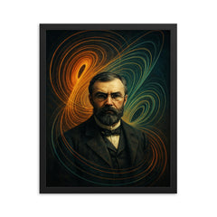 Henri Poincare amid swirling phase space lines framed print on a plain backdrop in size 16"x20".