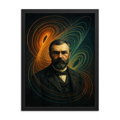 Henri Poincare amid swirling phase space lines framed print on a plain backdrop in size 18"x24".