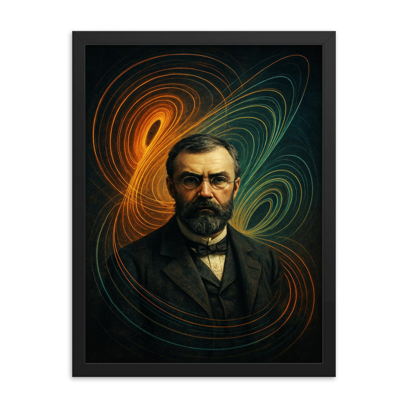 Henri Poincare amid swirling phase space lines framed print on a plain backdrop in size 18