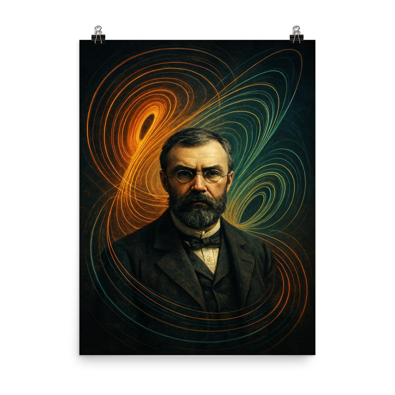 Henri Poincare amid swirling phase space lines poster on a plain backdrop in size 8
