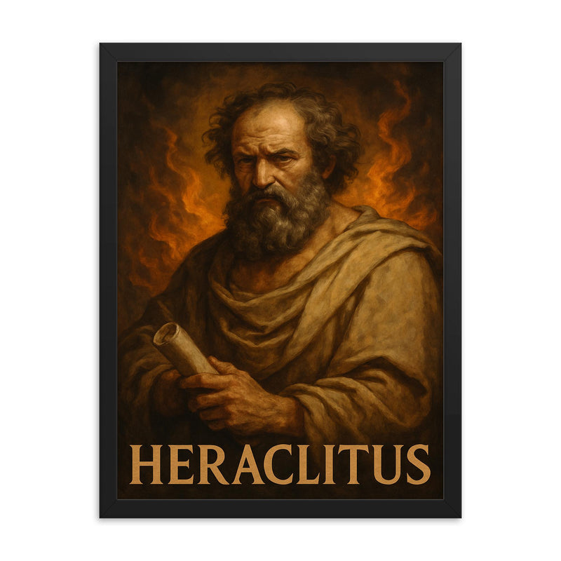 Heraclitus framed print on a plain backdrop in size 18