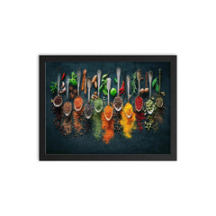 Herbs and spices on spoons - kitchen decor framed print on a plain backdrop in size 12"x16".