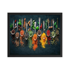 Herbs and spices on spoons - kitchen decor framed print on a plain backdrop in size 16"x20".