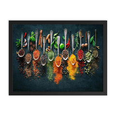 Herbs and spices on spoons - kitchen decor framed print on a plain backdrop in size 18"x24".