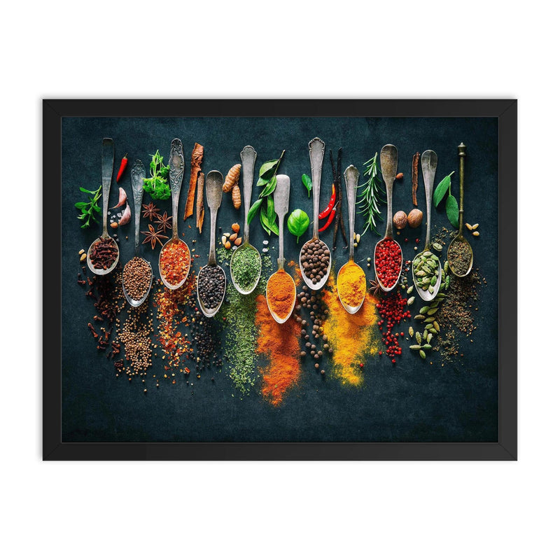 Herbs and spices on spoons - kitchen decor framed print on a plain backdrop in size 18