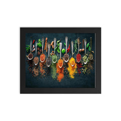 Herbs and spices on spoons - kitchen decor framed print on a plain backdrop in size 8"x10".