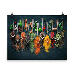 Herbs and spices on spoons - kitchen decor poster on a plain backdrop in size 8"x10".
