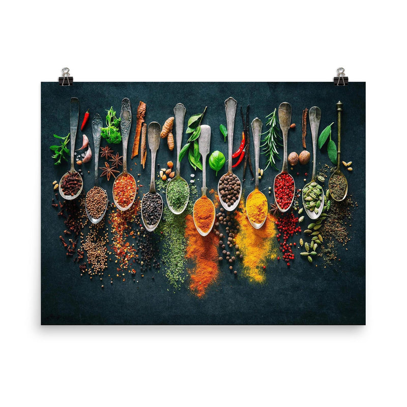 Herbs and spices on spoons - kitchen decor poster on a plain backdrop in size 8