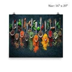 Herbs and spices on spoons - kitchen decor poster 2