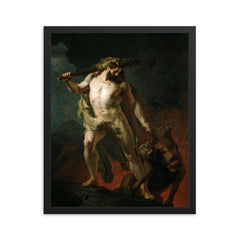 Hercules Removes Cerberus from the Gates of Hell by Johann Köler, 1855 framed print on a plain backdrop in size 16"x20".