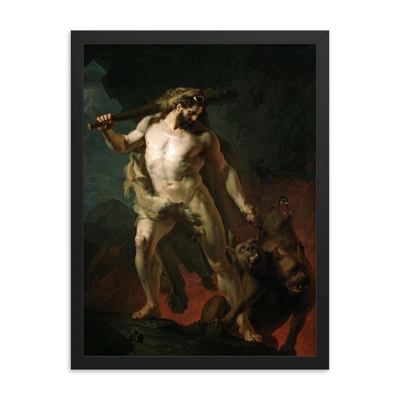 Hercules Removes Cerberus from the Gates of Hell by Johann Köler, 1855 framed print on a plain backdrop in size 18