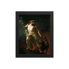 Hercules Removes Cerberus from the Gates of Hell by Johann Köler, 1855 framed print on a plain backdrop in size 8"x10".