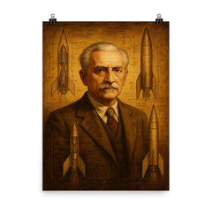 Hermann Oberth among liquid fuel rocket sketches poster on a plain backdrop in size 8"x10".