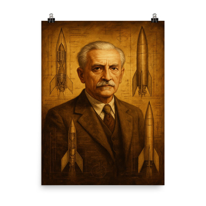 Hermann Oberth among liquid fuel rocket sketches poster on a plain backdrop in size 8