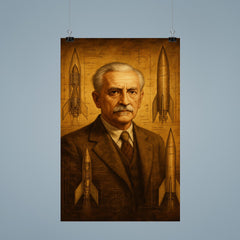 Hermann Oberth among liquid fuel rocket sketches poster 9