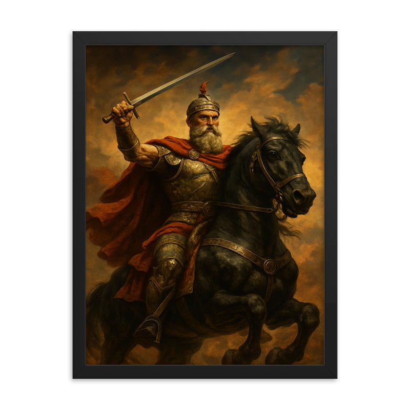 Heroic picture of Skanderbeg framed print on a plain backdrop in size 18