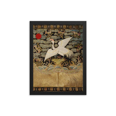 Heron bird - antique Chinese Qing dynasty embroidery framed print on a plain backdrop in size 12"x16".